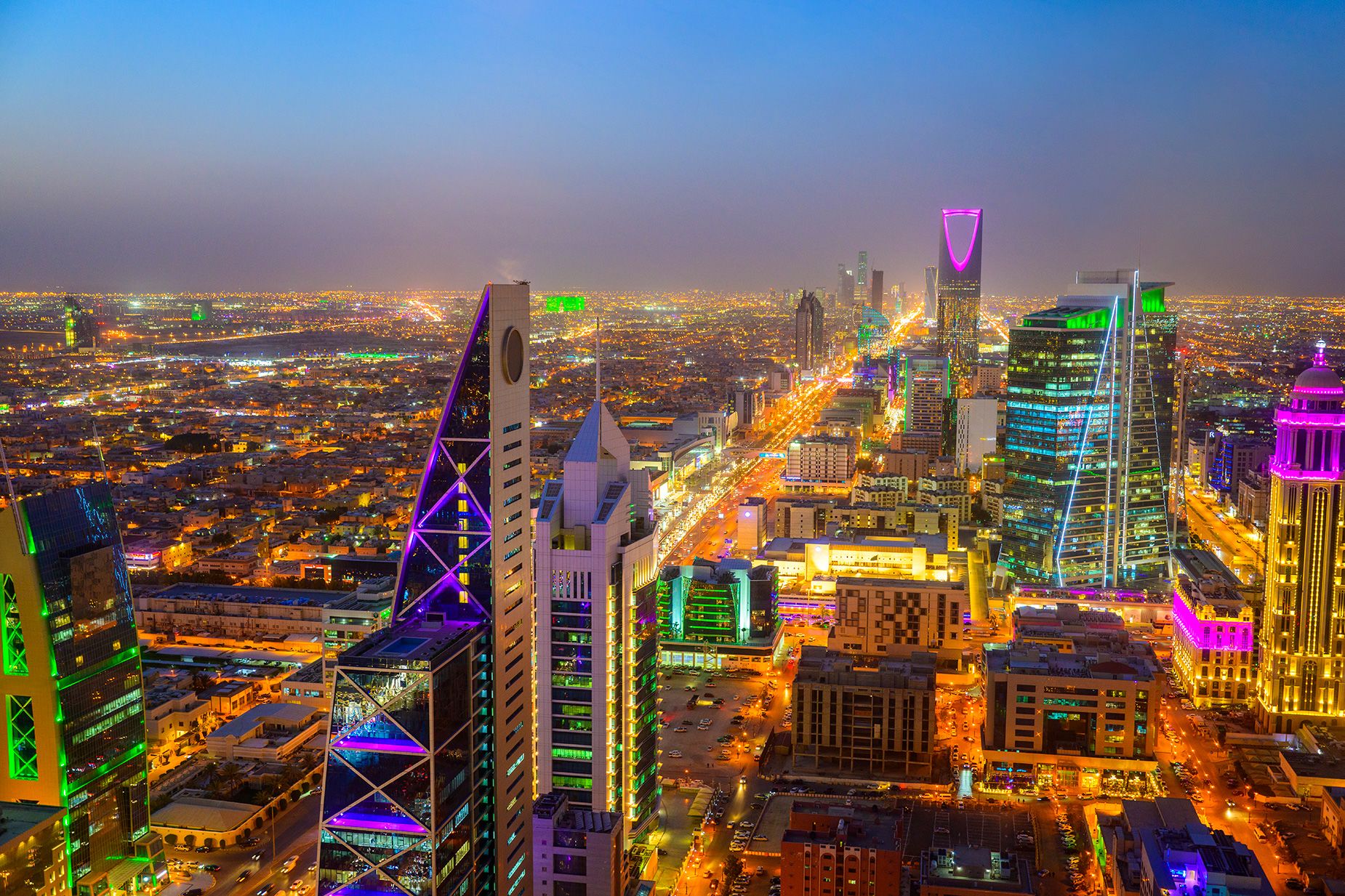 Night panorama of downtown of Riyadh city, Saudi Arabia